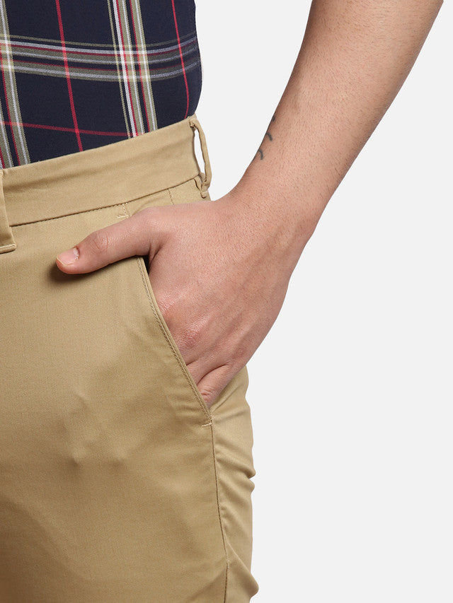 Parx Khaki Solid Super Slim Fit Cotton Blend Trouser