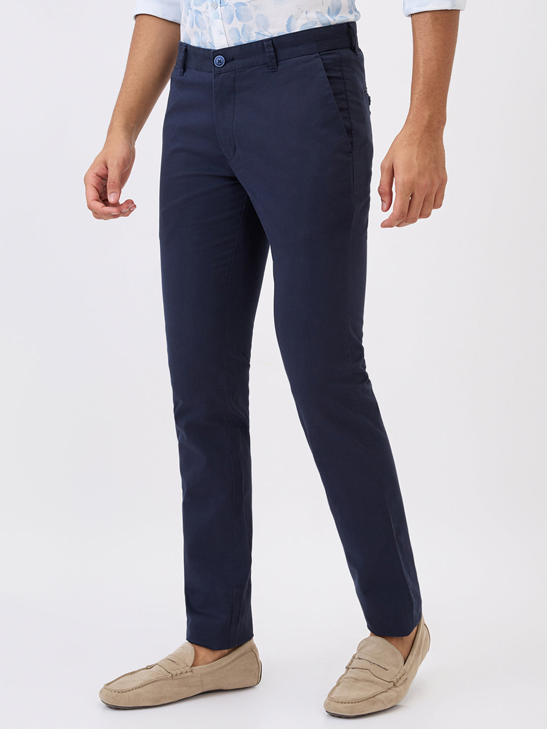 Parx Men Blue Solid Super Slim Fit Cotton Blend Trouser