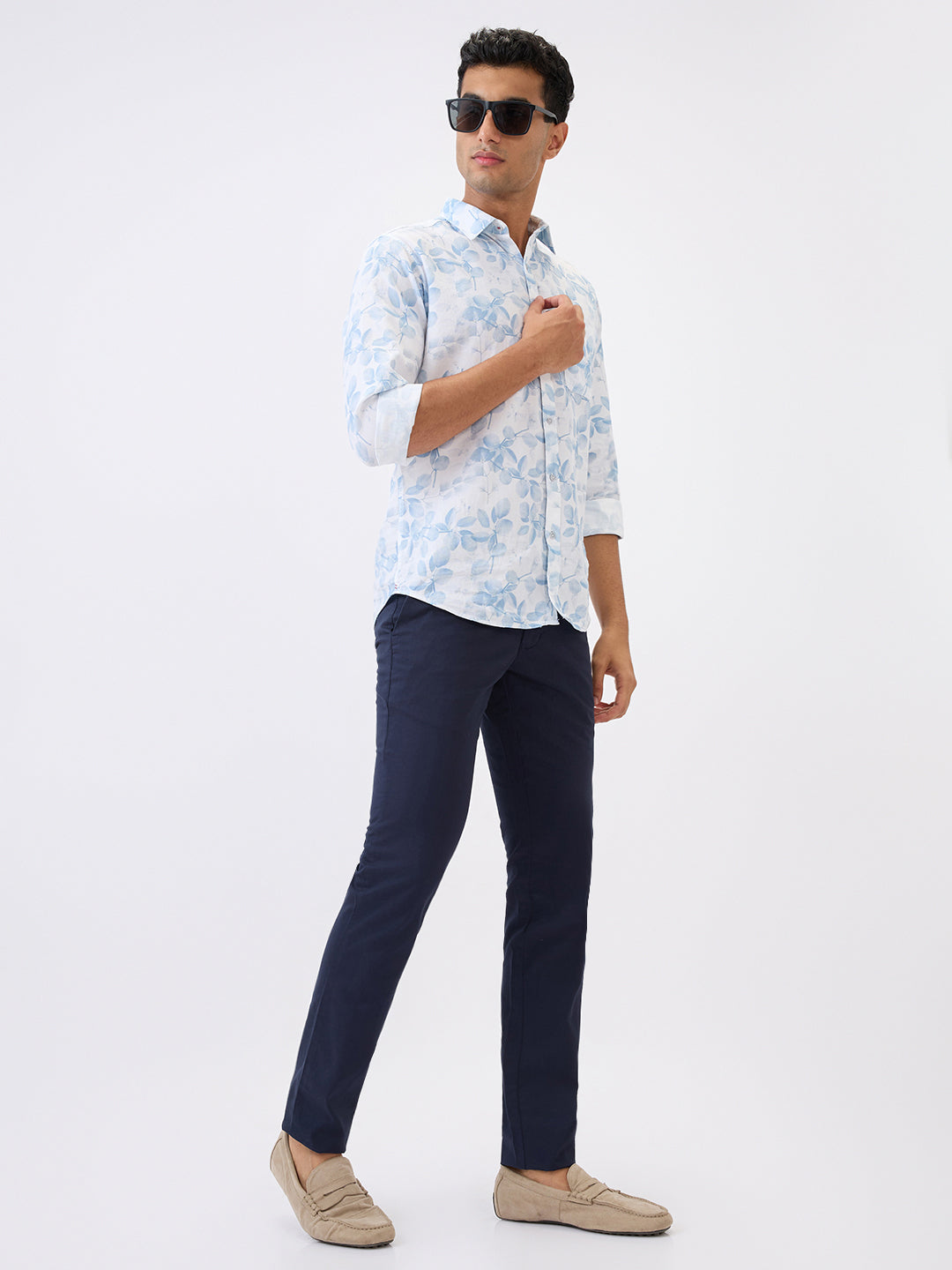 Parx Men Blue Solid Super Slim Fit Cotton Blend Trouser