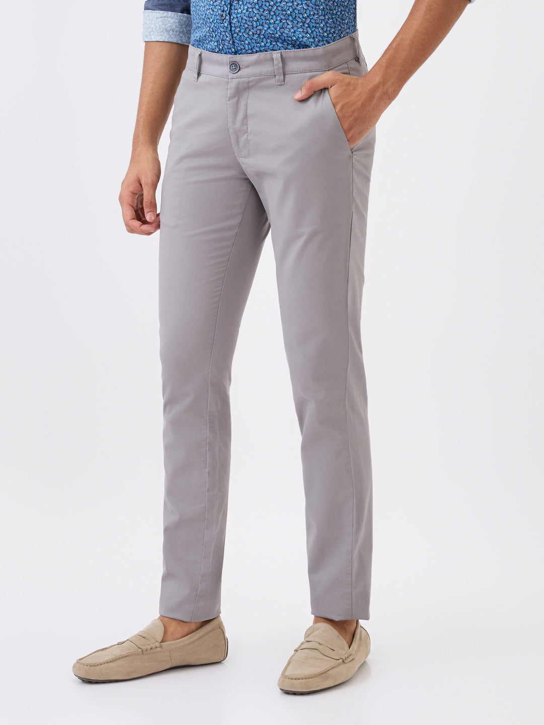 Parx Men Grey Solid Super Slim Fit Cotton Blend Trouser