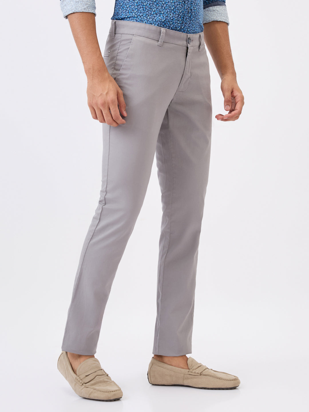 Parx Men Grey Solid Super Slim Fit Cotton Blend Trouser