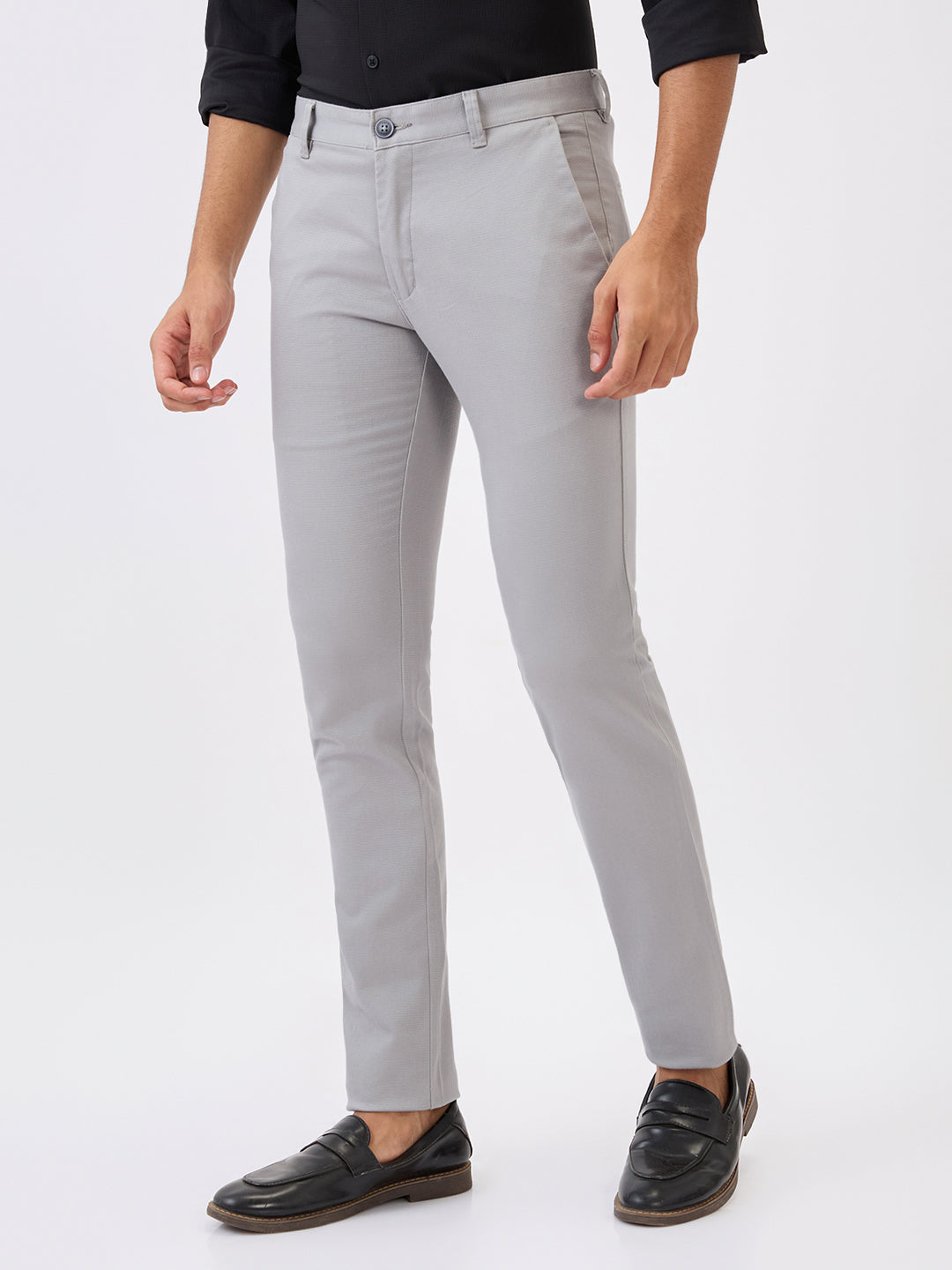 Parx Men Grey Dobby Super Slim Fit Cotton Blend Trouser