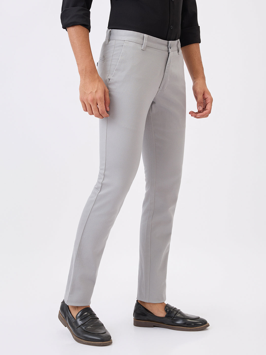 Parx Men Grey Dobby Super Slim Fit Cotton Blend Trouser