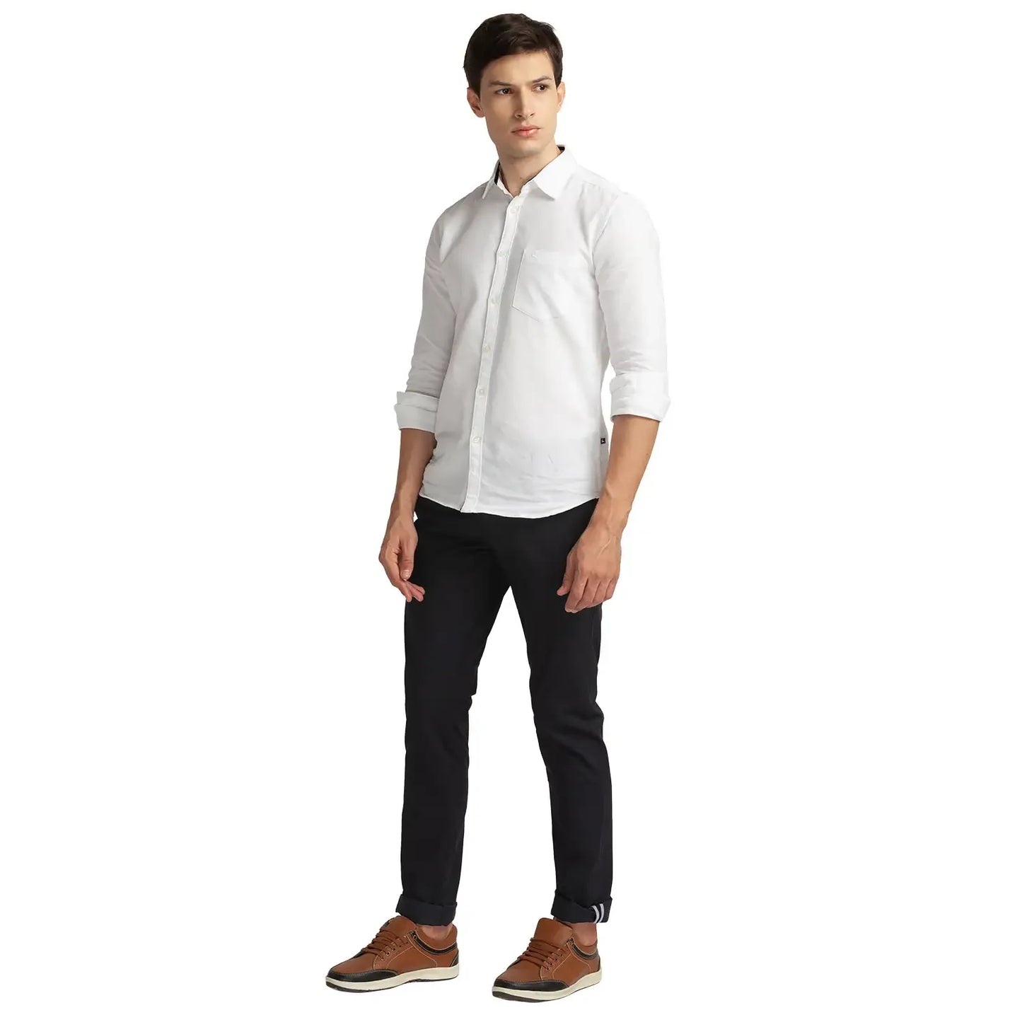 Men Blue Lrt Fit Solid Cotton Blend Trouser