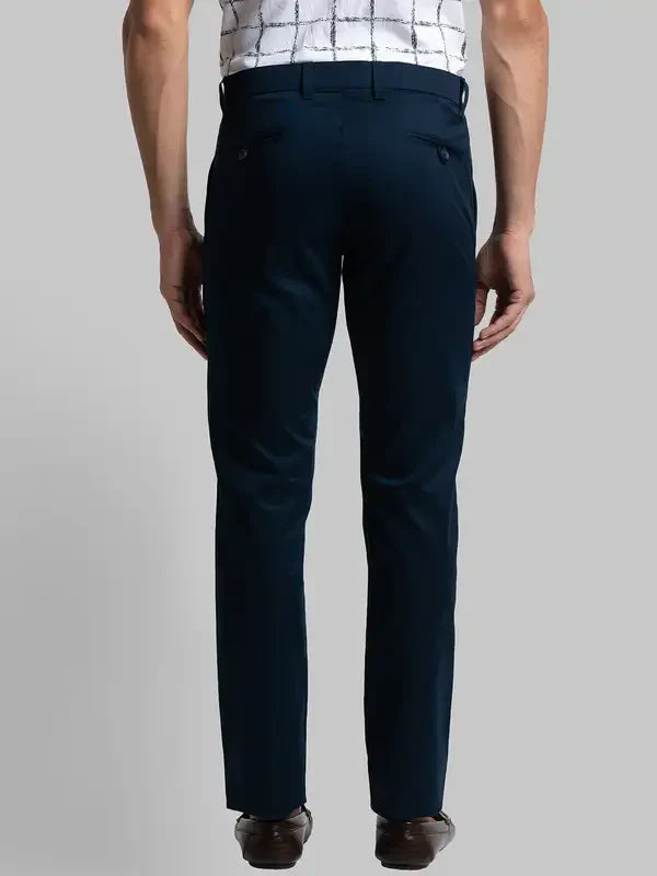 Men Blue Lrt Fit Solid Cotton Blend Trouser