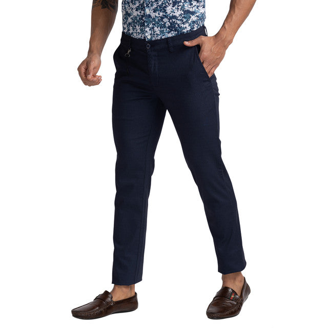 Parx Blue Printed Tapered Fit Trouser