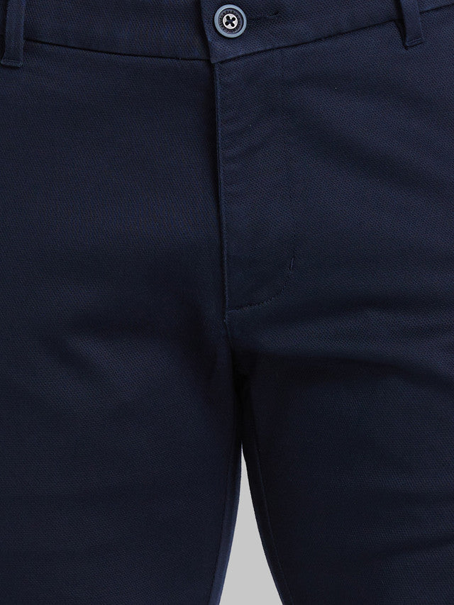 Parx Blue Solid Low Rise Tapered Fit Cotton Blend Trouser