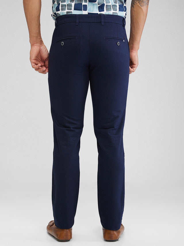 Parx Blue Solid Low Rise Tapered Fit Cotton Trouser