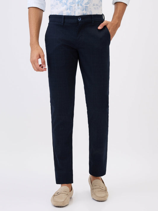 Parx Men Blue Printed Low Rise Tapered Fit Cotton Blend Trouser