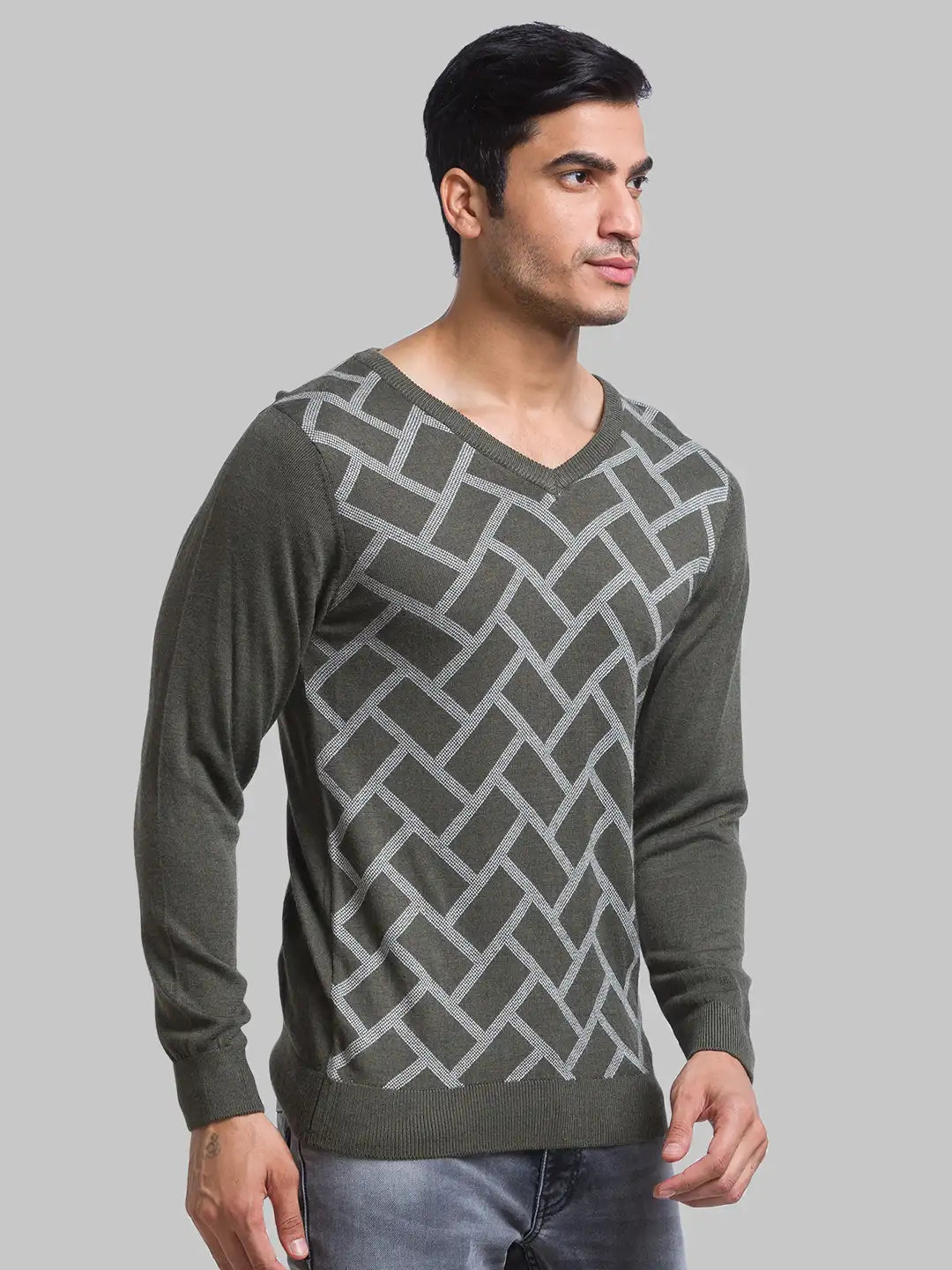 Men Green Jacquard Acrylic Blend Full Sleeve Sweaters