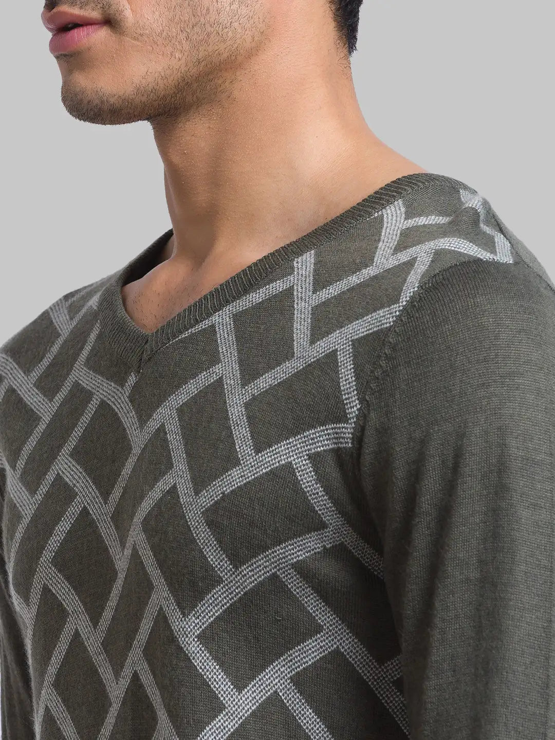 Men Green Jacquard Acrylic Blend Full Sleeve Sweaters