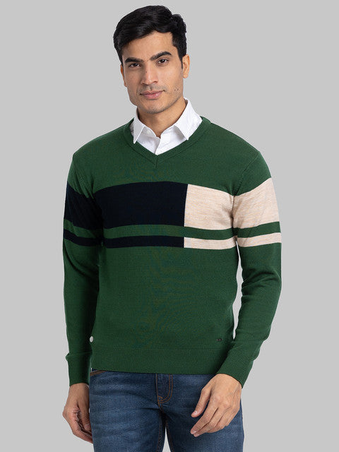Parx Men Green Intarsia Acrylic Sweater