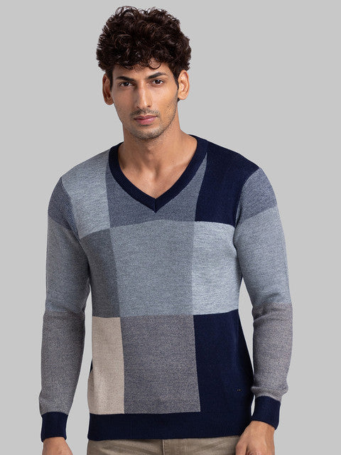 Parx Men Blue Intarsia Acrylic Sweater