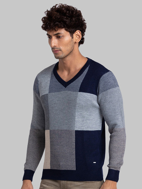 Parx Men Blue Intarsia Acrylic Sweater