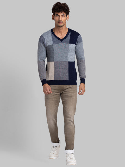 Parx Men Blue Intarsia Acrylic Sweater