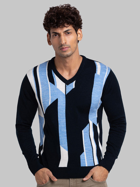 Parx Men Blue Intarsia Acrylic Sweater