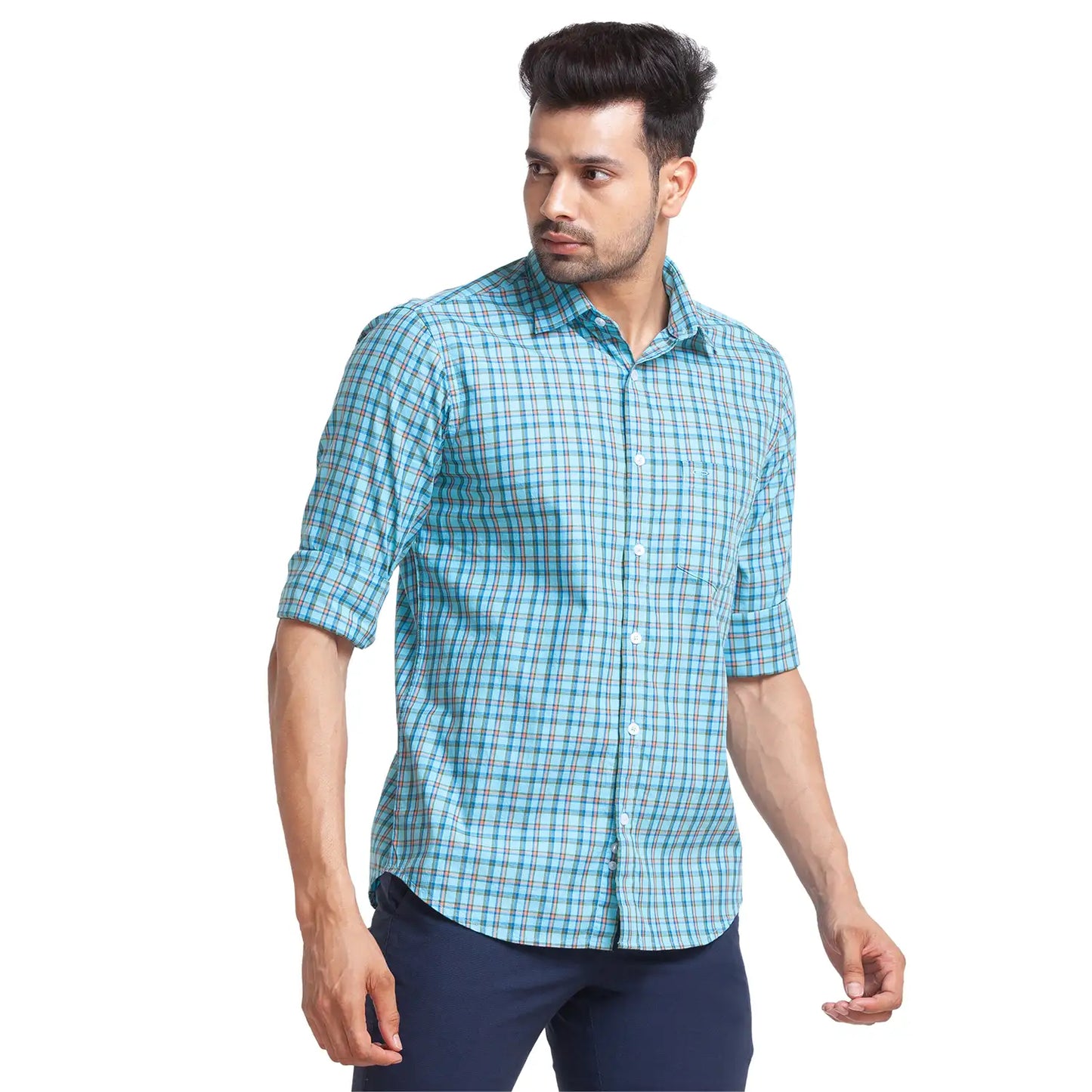 Men Blue Tailored Fit Checks Cotton Full Sleeve Shirts