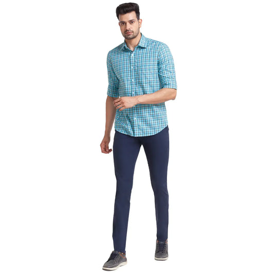 Men Blue Tailored Fit Checks Cotton Full Sleeve Shirts