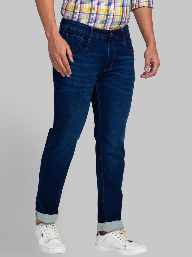 Park Avenue Men Blue Dobby Ath Mod Fit Cotton Blend Jeans