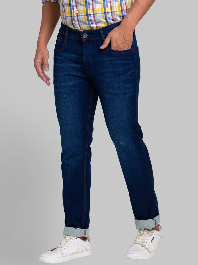 Park Avenue Men Blue Dobby Ath Mod Fit Cotton Blend Jeans