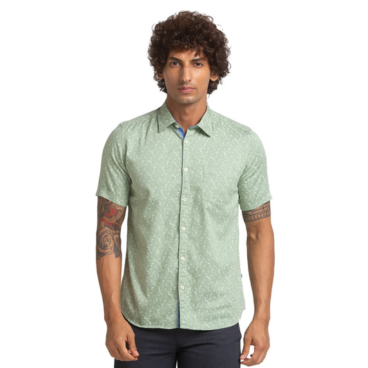 Men Green Slim Fit Print Cotton Half Sleeve Shirts