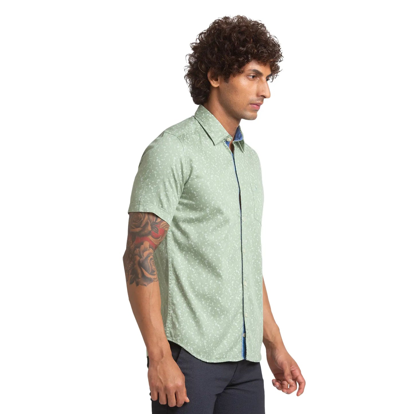Men Green Slim Fit Print Cotton Half Sleeve Shirts