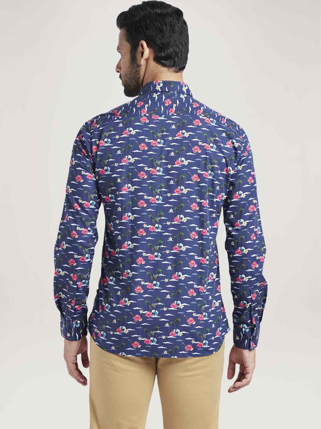 Men Blue Slim Fit Print Cotton Full Sleeve Shirts