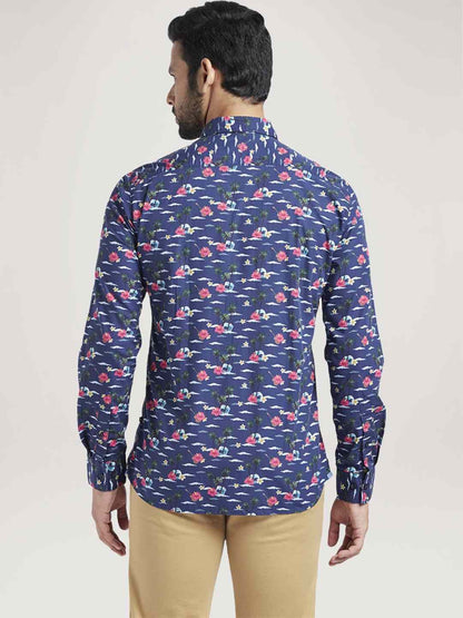 Men Blue Slim Fit Print Cotton Full Sleeve Shirts
