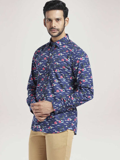Men Blue Slim Fit Print Cotton Full Sleeve Shirts