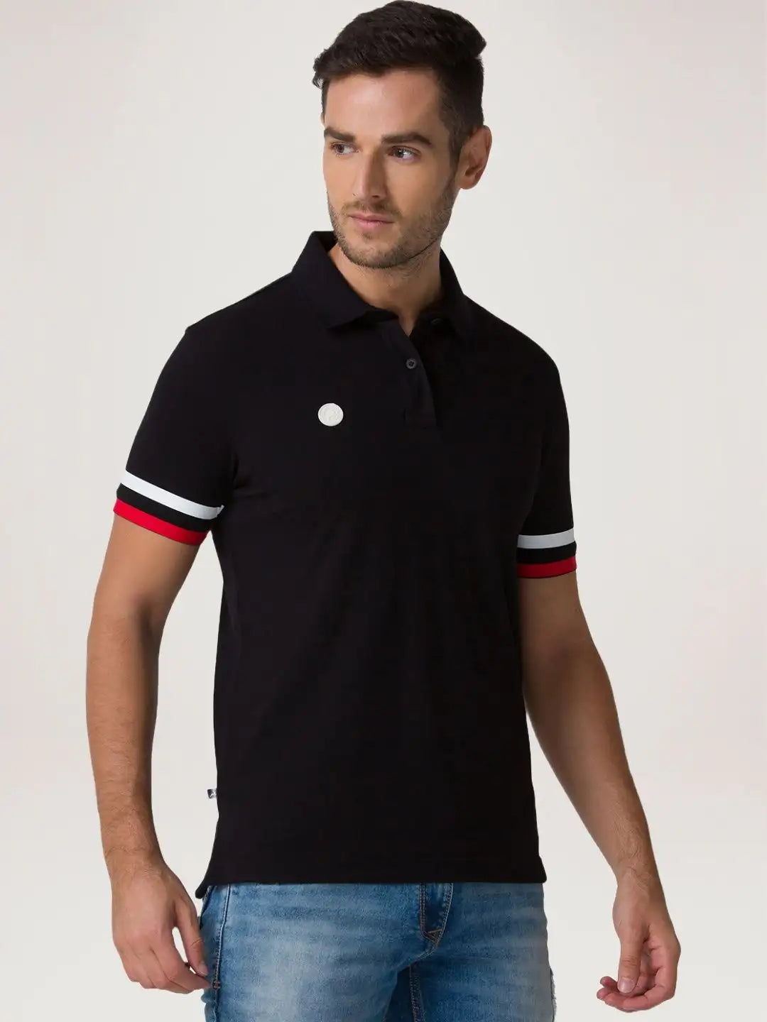 Men Black Regular Fit Solid Cotton Blend Round Neck Collar Polo T-Shirt