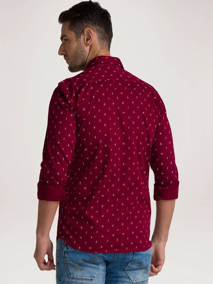 Men Red Slim Fit Print Cotton Full Sleeve Shirts
