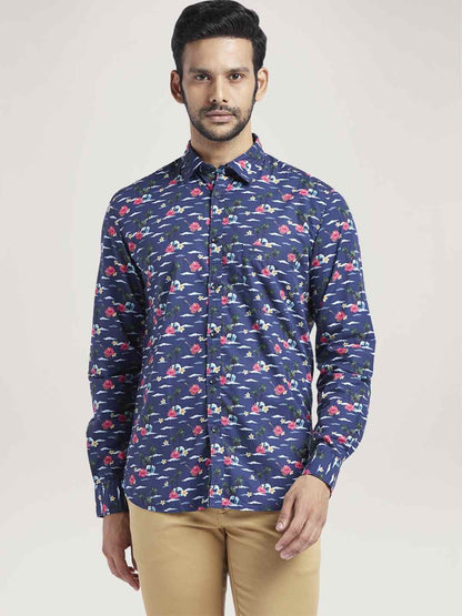 Men Blue Slim Fit Print Cotton Full Sleeve Shirts