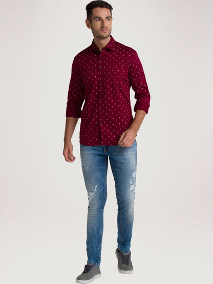 Men Red Slim Fit Print Cotton Full Sleeve Shirts