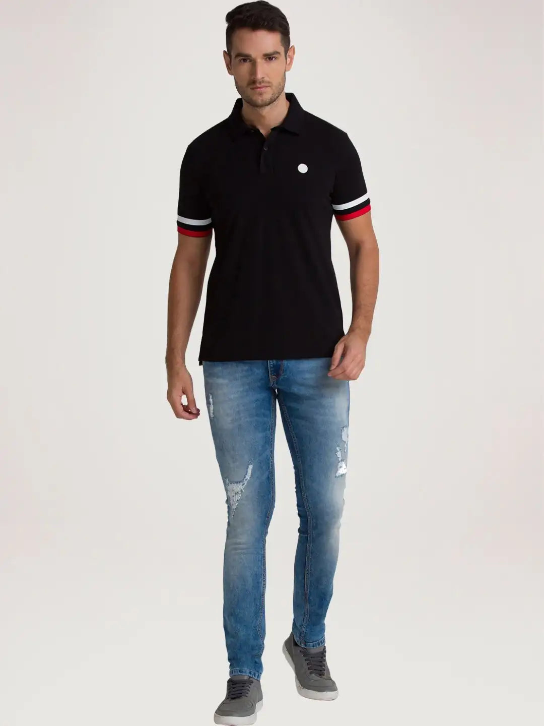 Men Black Regular Fit Solid Cotton Blend Round Neck Collar Polo T-Shirt