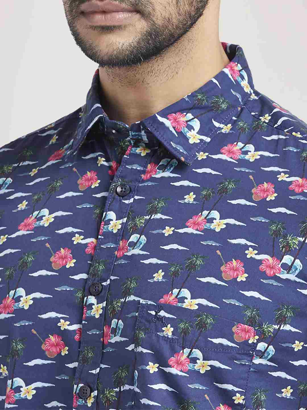 Men Blue Slim Fit Print Cotton Full Sleeve Shirts