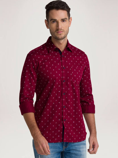 Men Red Slim Fit Print Cotton Full Sleeve Shirts