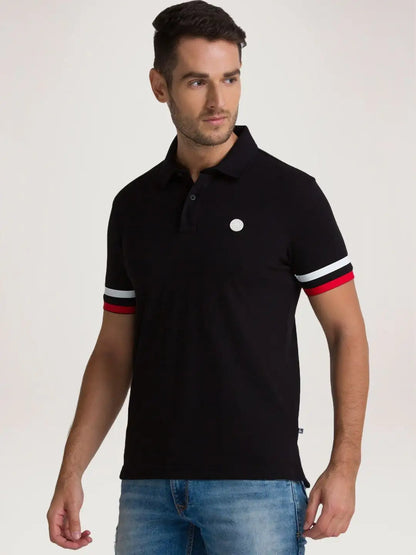 Men Black Regular Fit Solid Cotton Blend Round Neck Collar Polo T-Shirt