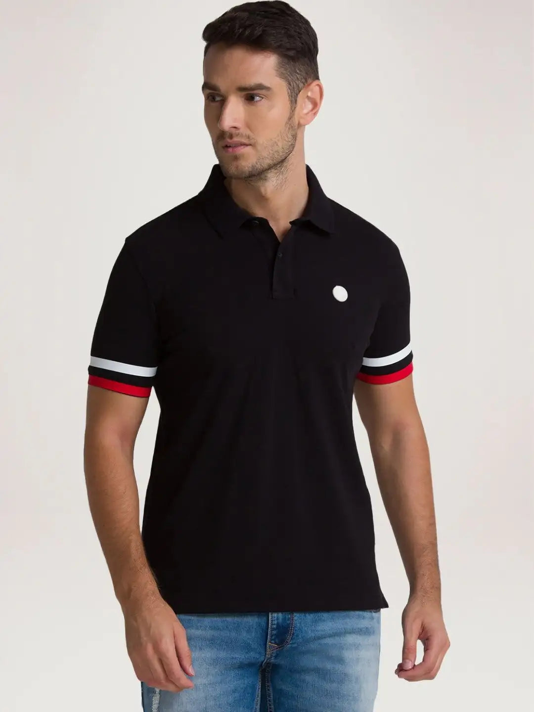 Men Black Regular Fit Solid Cotton Blend Round Neck Collar Polo T-Shirt