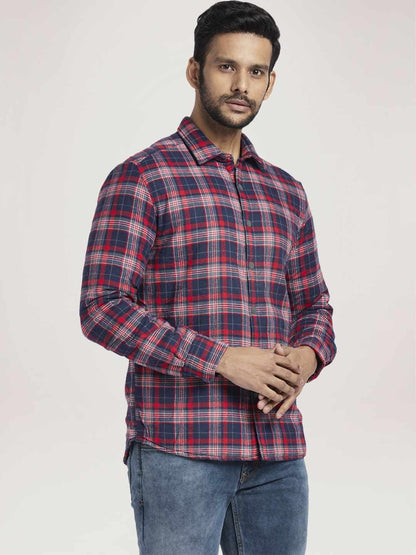 Men Red Slim Fit Checks Cotton Full Sleeve Shirts