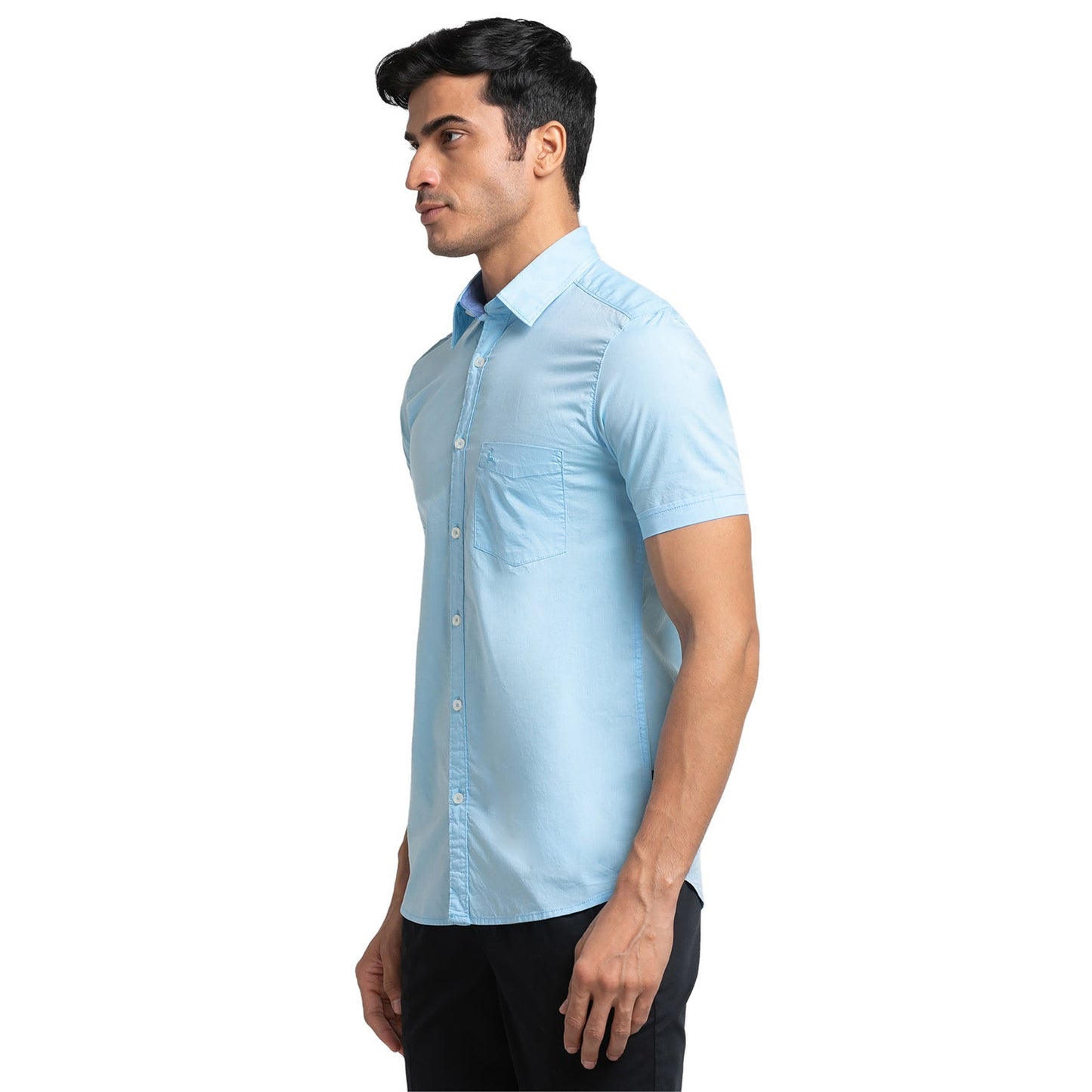 Men Blue Slim Fit Solid Cotton Half Sleeve Shirts