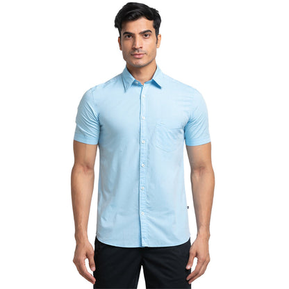 Men Blue Slim Fit Solid Cotton Half Sleeve Shirts