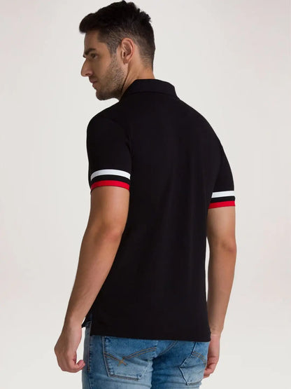 Men Black Regular Fit Solid Cotton Blend Round Neck Collar Polo T-Shirt