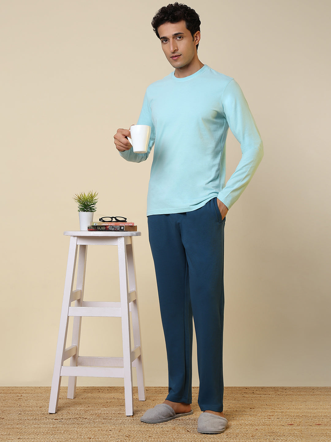 Sleepz Men Blue Solid Regular Fit Cotton Blend Trackpant      