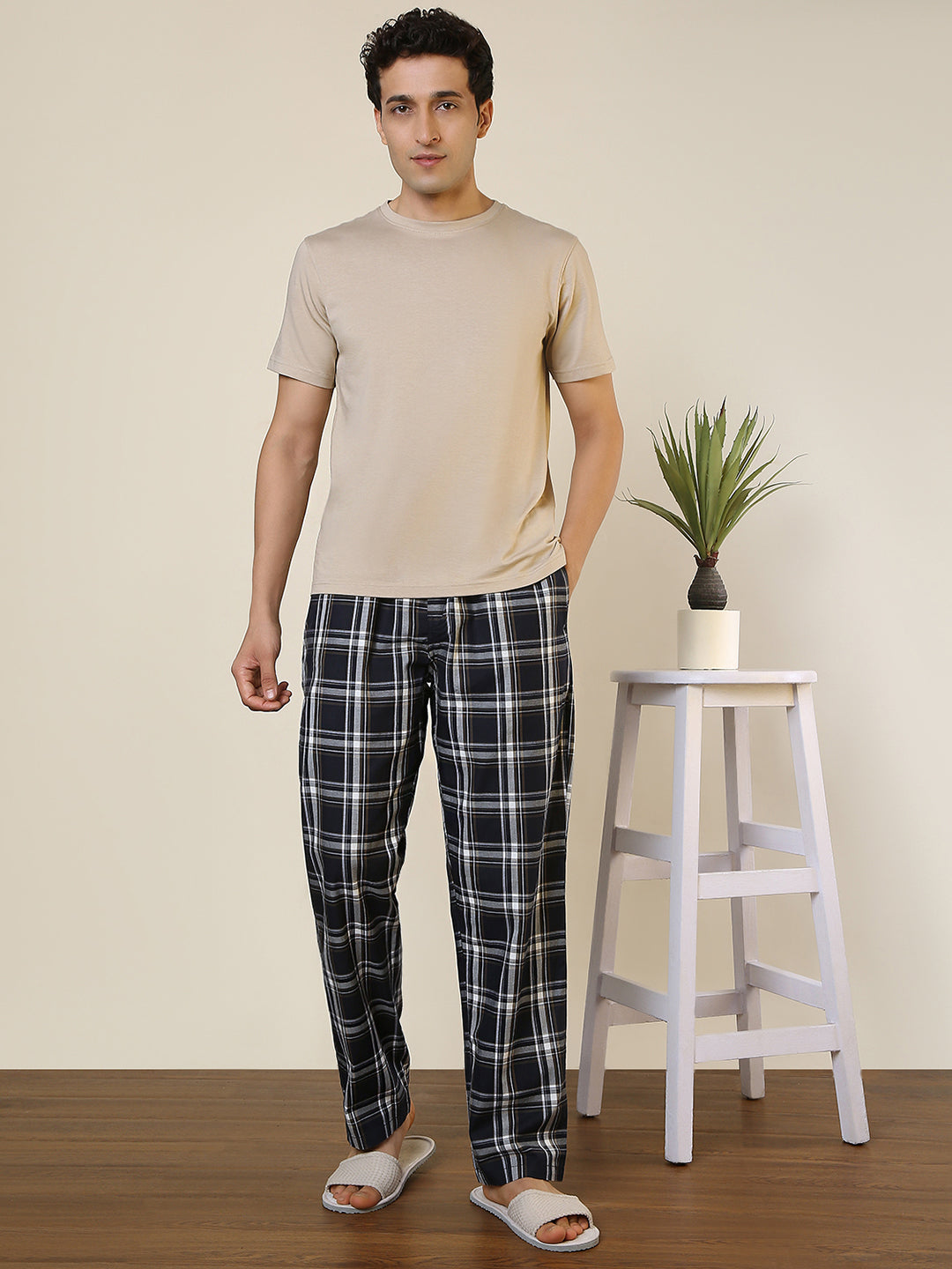 Sleepz Men Blue Checks Regular Fit Cotton Pyjama