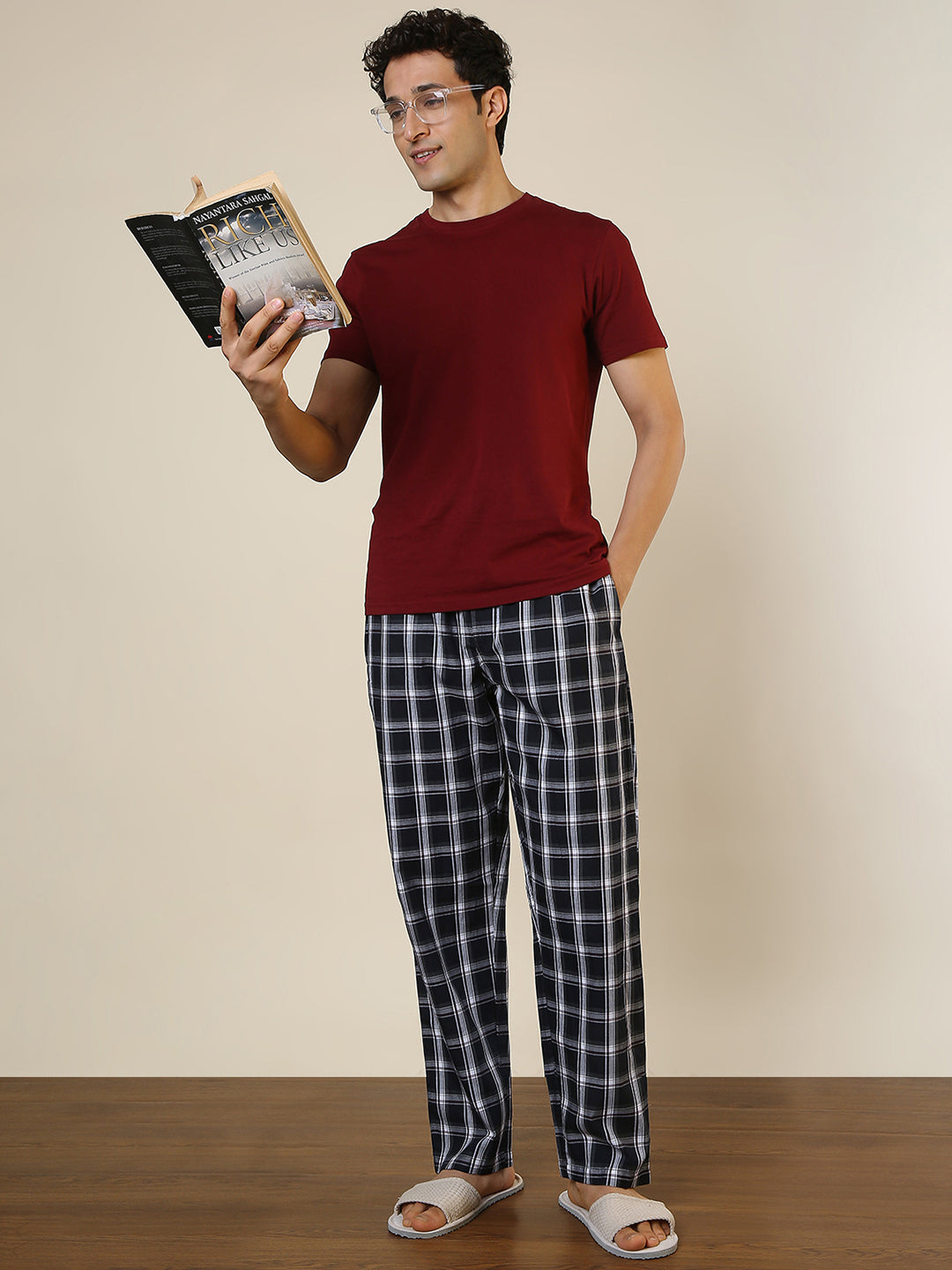 Sleepz Men Blue Checks Regular Fit Cotton Pyjama