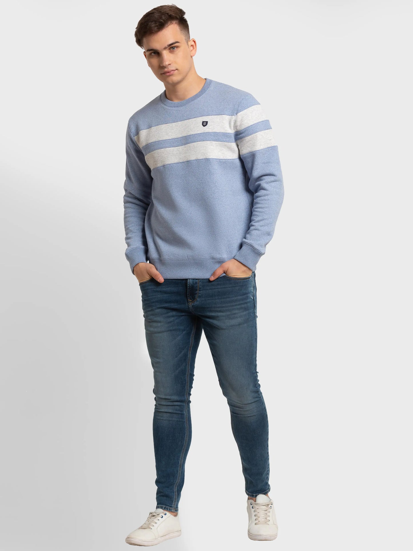 Men Blue Tailored Fit Stripe Cotton Polyester Blend Full Sleeve Henley Neck Collar Sweatshirts
