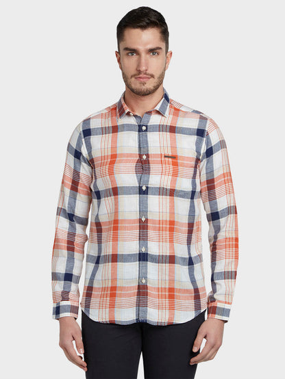 Colorplus Orange Checks Contemporary Fit Loycell Cotton Blend Casual Shirt