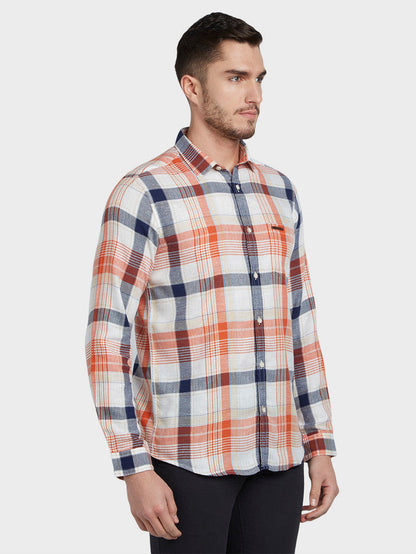 Colorplus Orange Checks Contemporary Fit Loycell Cotton Blend Casual Shirt