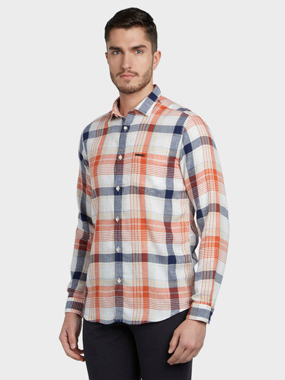 Colorplus Orange Checks Contemporary Fit Loycell Cotton Blend Casual Shirt