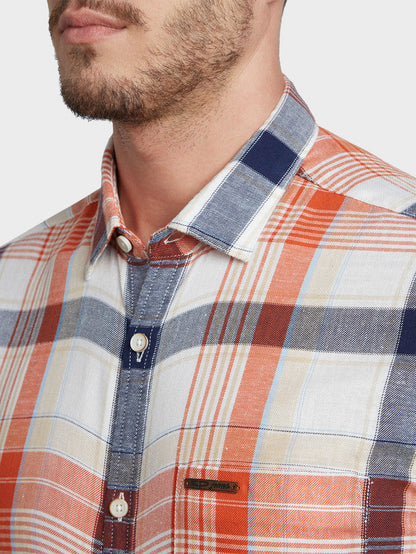 Colorplus Orange Checks Contemporary Fit Loycell Cotton Blend Casual Shirt